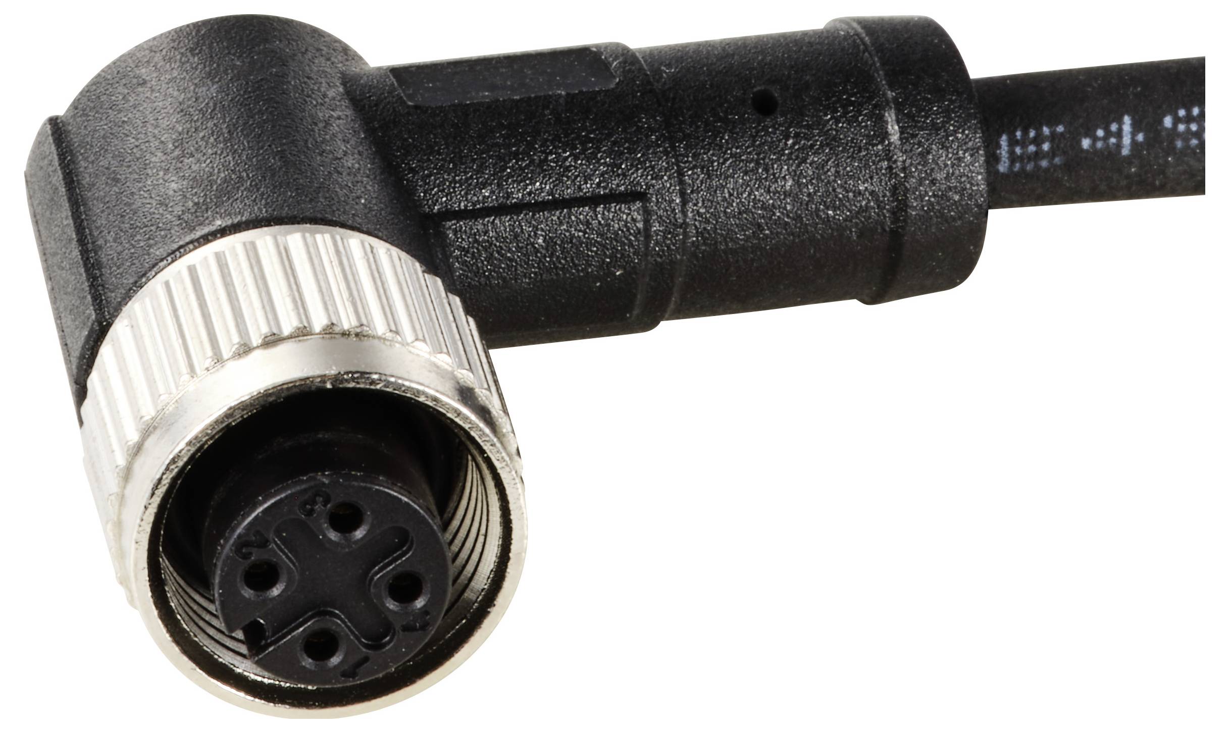 Ein schwarzer Winkelstecker mit silbernem Schraubring und vier Steckplätzen. Geeignet für elektronische Verbindungen.