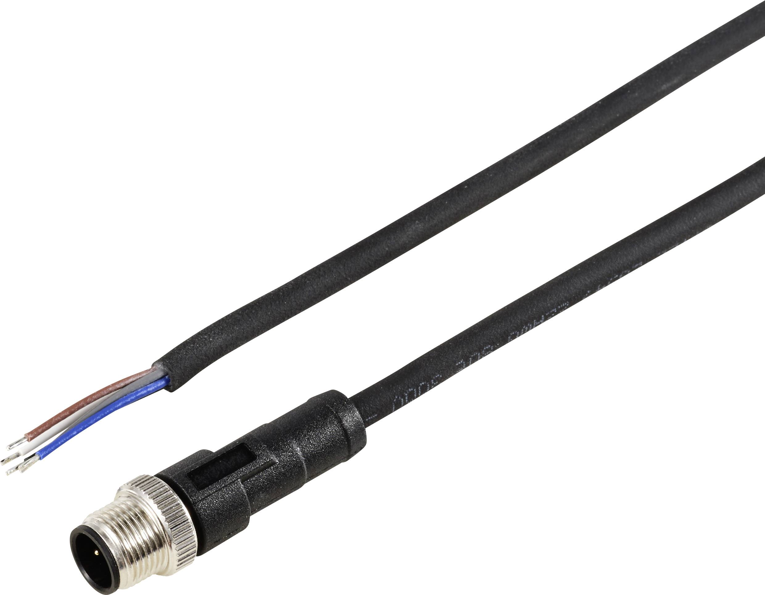Zweiadriges Kabel mit Metallstecker, offenem Drahtende und drei Drähten in Blau, Braun und Schwarz. Verwendet für elektrische Verbindungen.