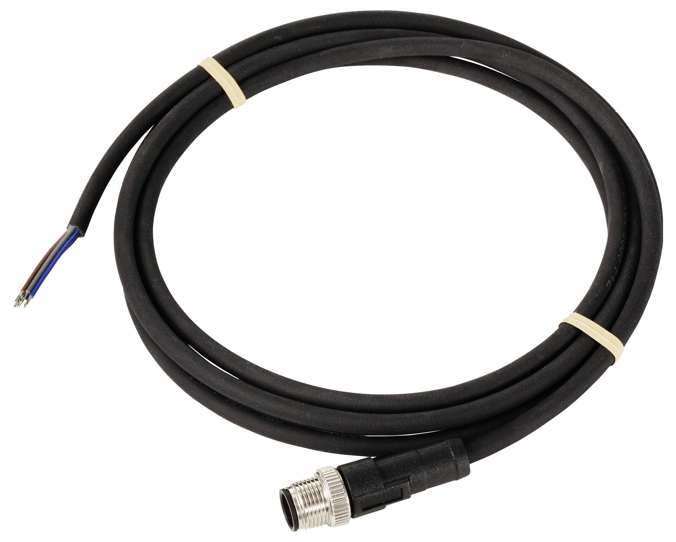 Ein 3 Meter langes schwarzes Kabel mit einem offenen Ende und einem Metallstecker am anderen Ende, gesichert mit zwei Gummibändern.