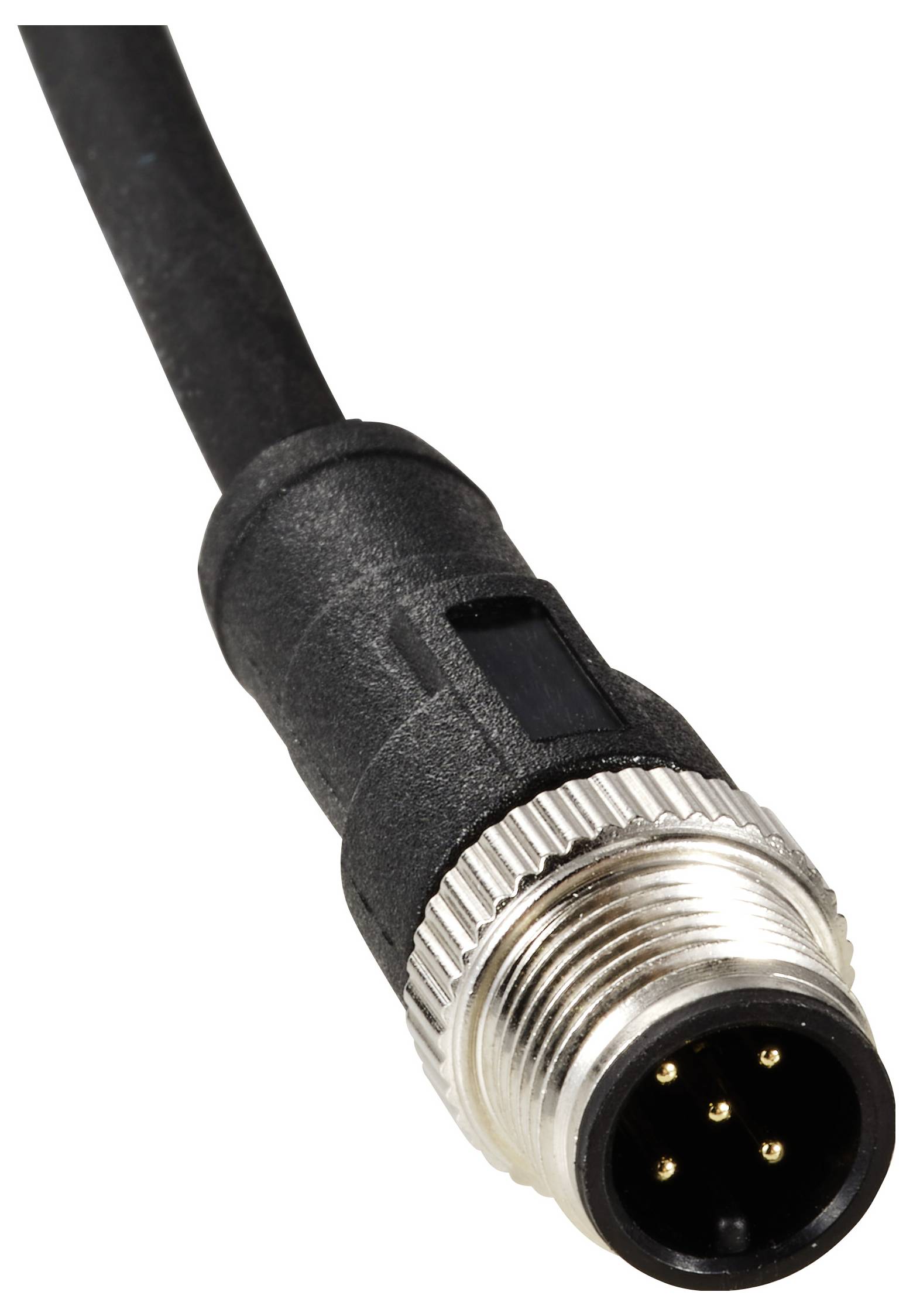 Schwarzes Kabel mit rundem, silbernem Stecker und fünf goldenen Pins, für elektronische Verbindungen.