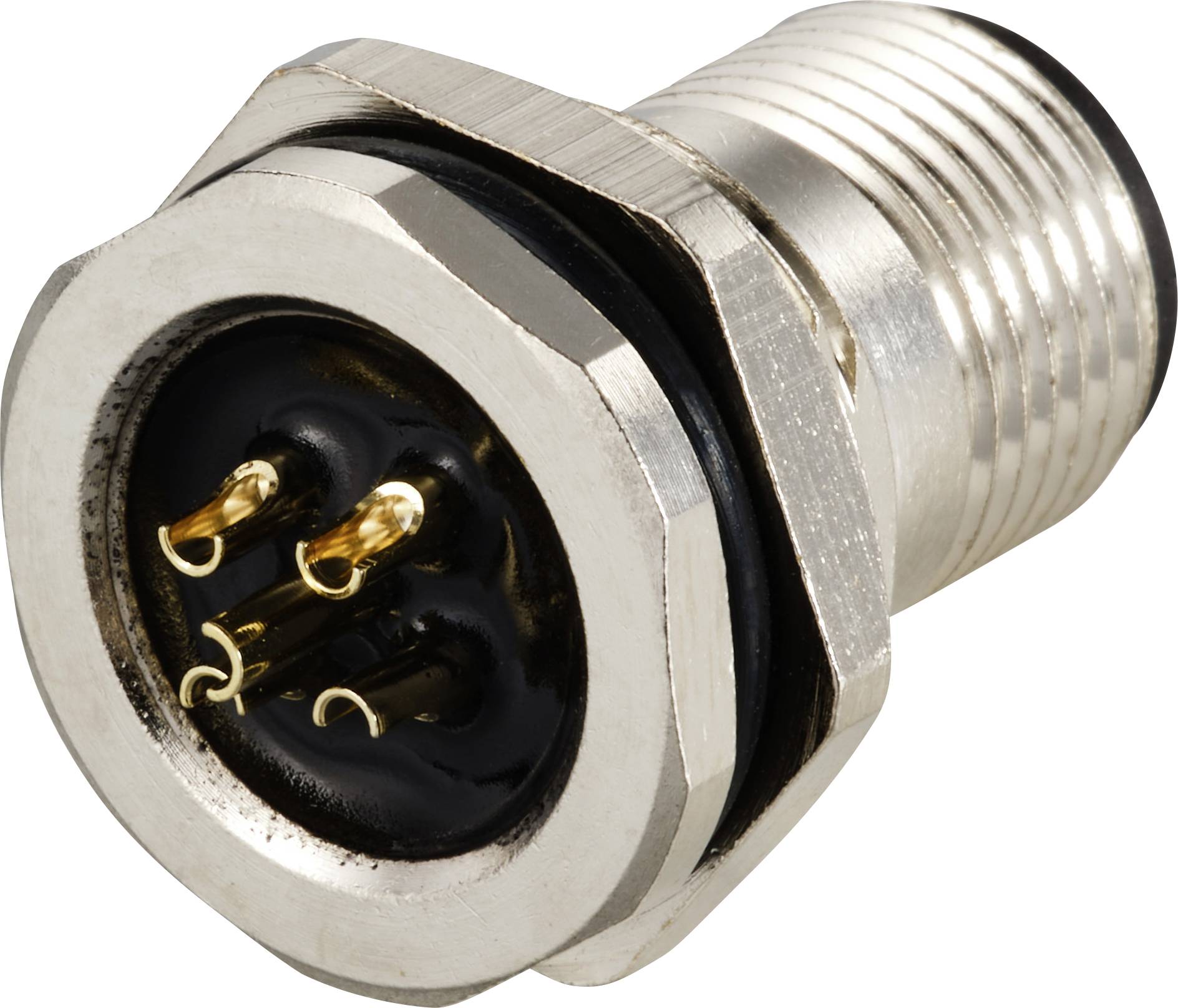 Ein silberner, zylindrischer Stecker mit drei goldenen Pins und schwarzem Innenring, geeignet für elektronische Verbindungen.