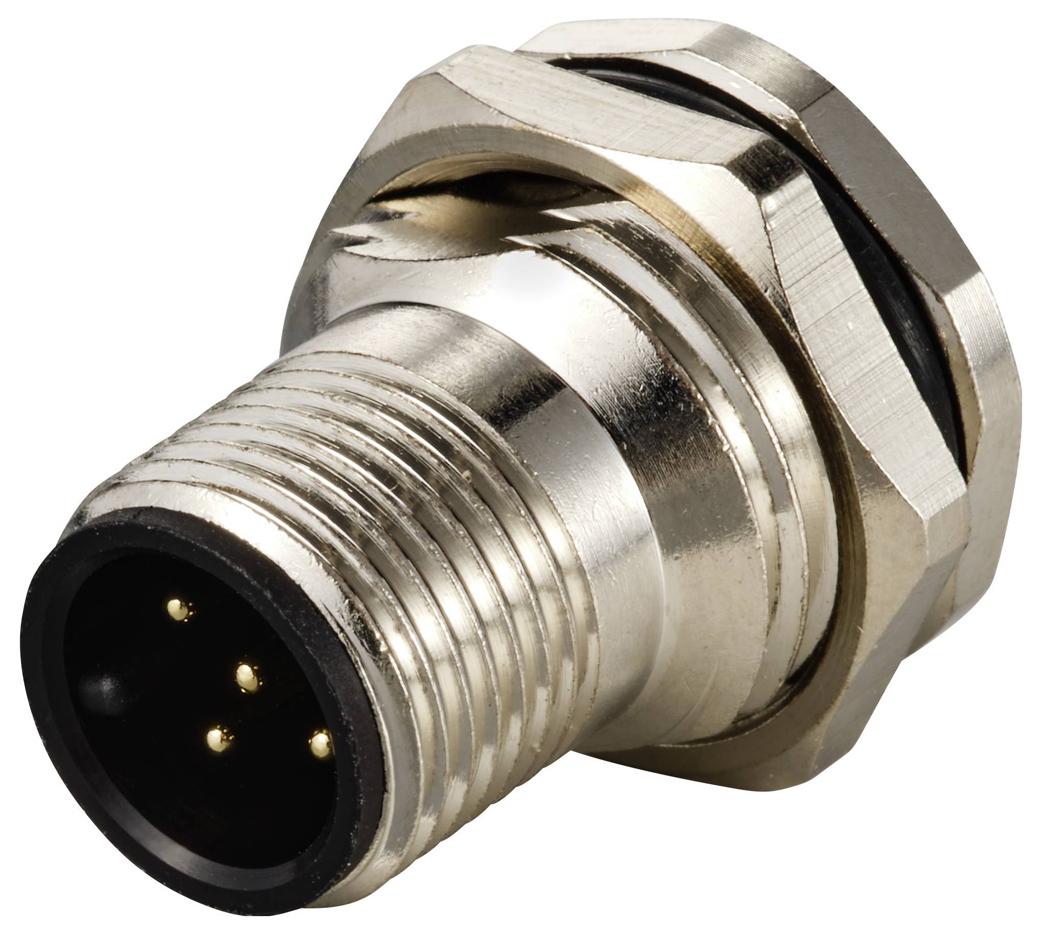 Metall-Steckverbinder mit drei Stiften und Gewinde für industrielle Anwendungen, zeigt Robustheit und Eignung für raue Umgebungen.