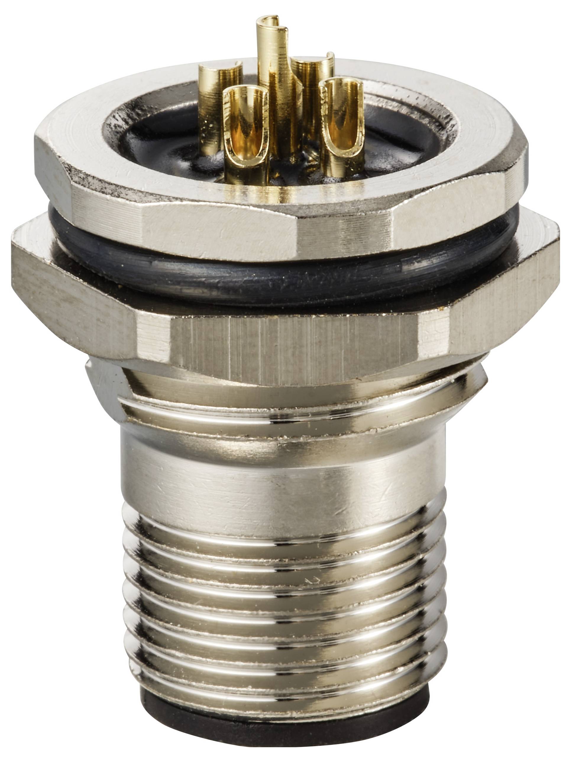 Ein Metallsteckverbinder mit Gewinde und mehreren goldenen Stiften, geeignet für elektronische Geräte oder industrielle Anwendungen.