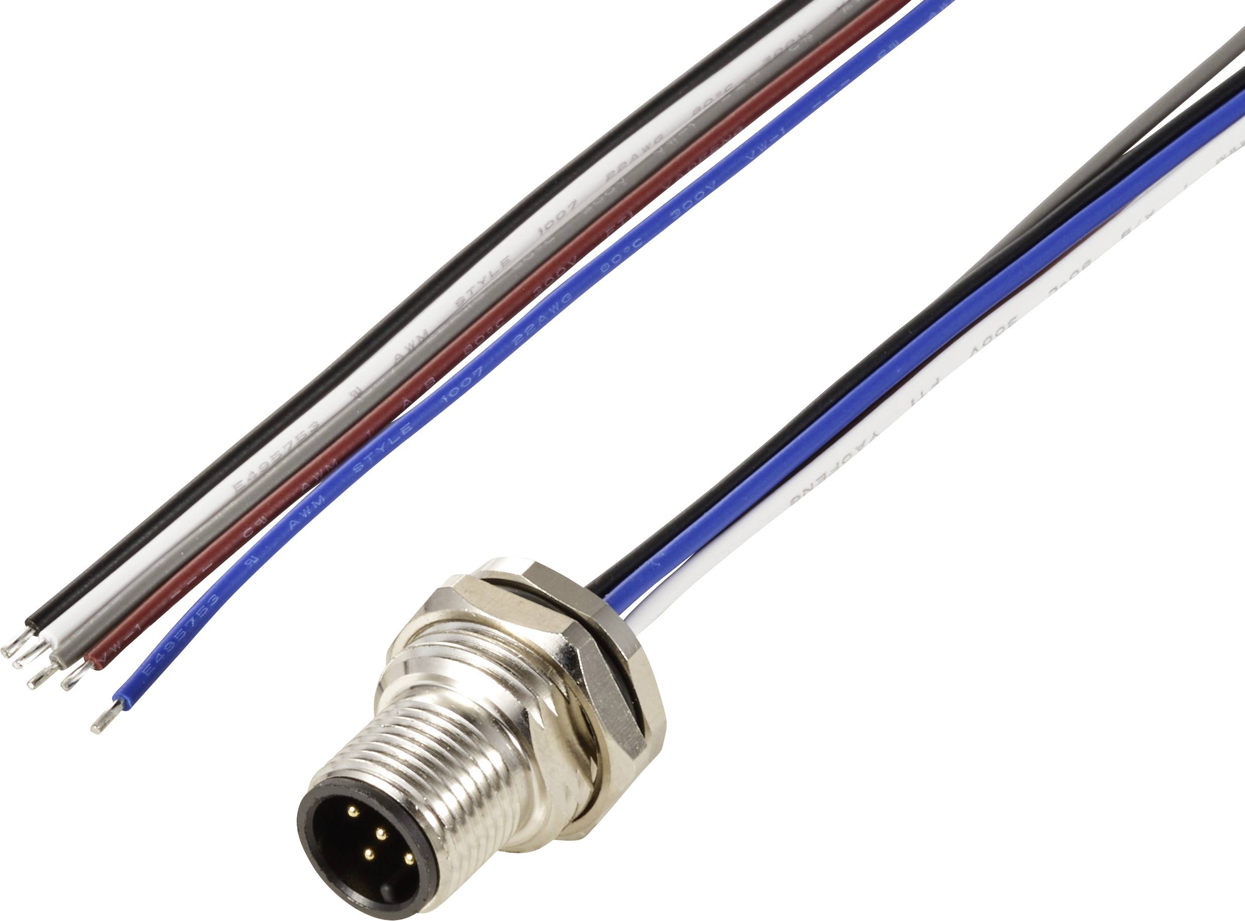 Runder Steckverbinder mit vier Kabelanschlüssen in Schwarz, Weiß, Rot und Blau zur Strom- oder Datenübertragung.