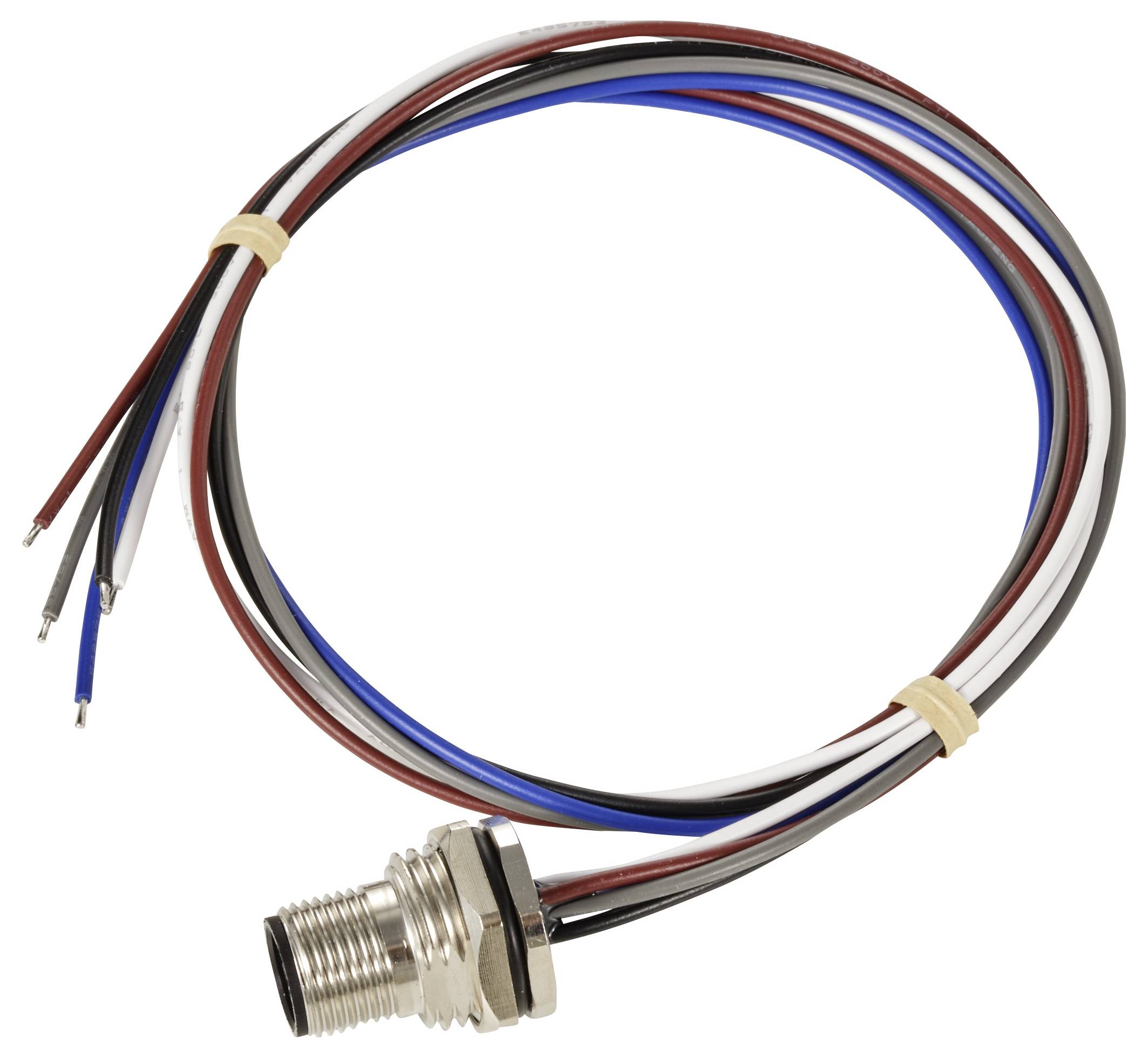 Mehrfarbiges Kabelbündel mit Steckverbinder und blanken Enden, geeignet für elektrische Verbindungen oder Installationen.