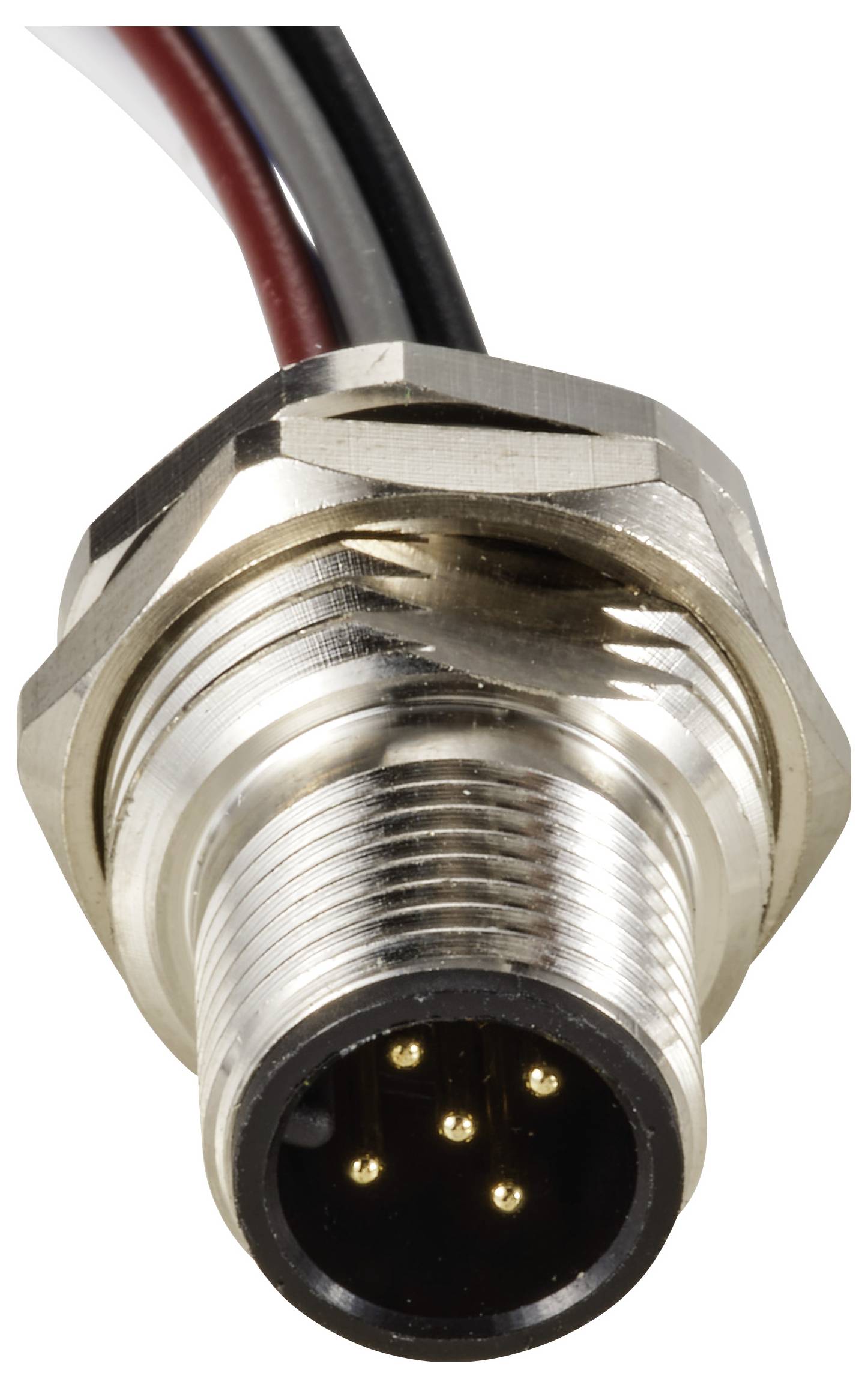 Runder Stecker mit fünf goldenen Pins, schwarzem Kunststoffgehäuse und Metallgewinde; daran befestigt sind rote und schwarze Kabel.