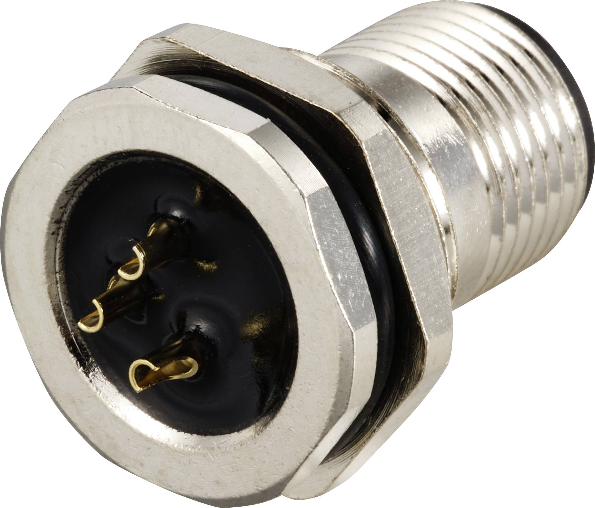 Metallstecker mit drei goldenen Pins, sechseckige Form. Verwendet für elektrische Verbindungen.