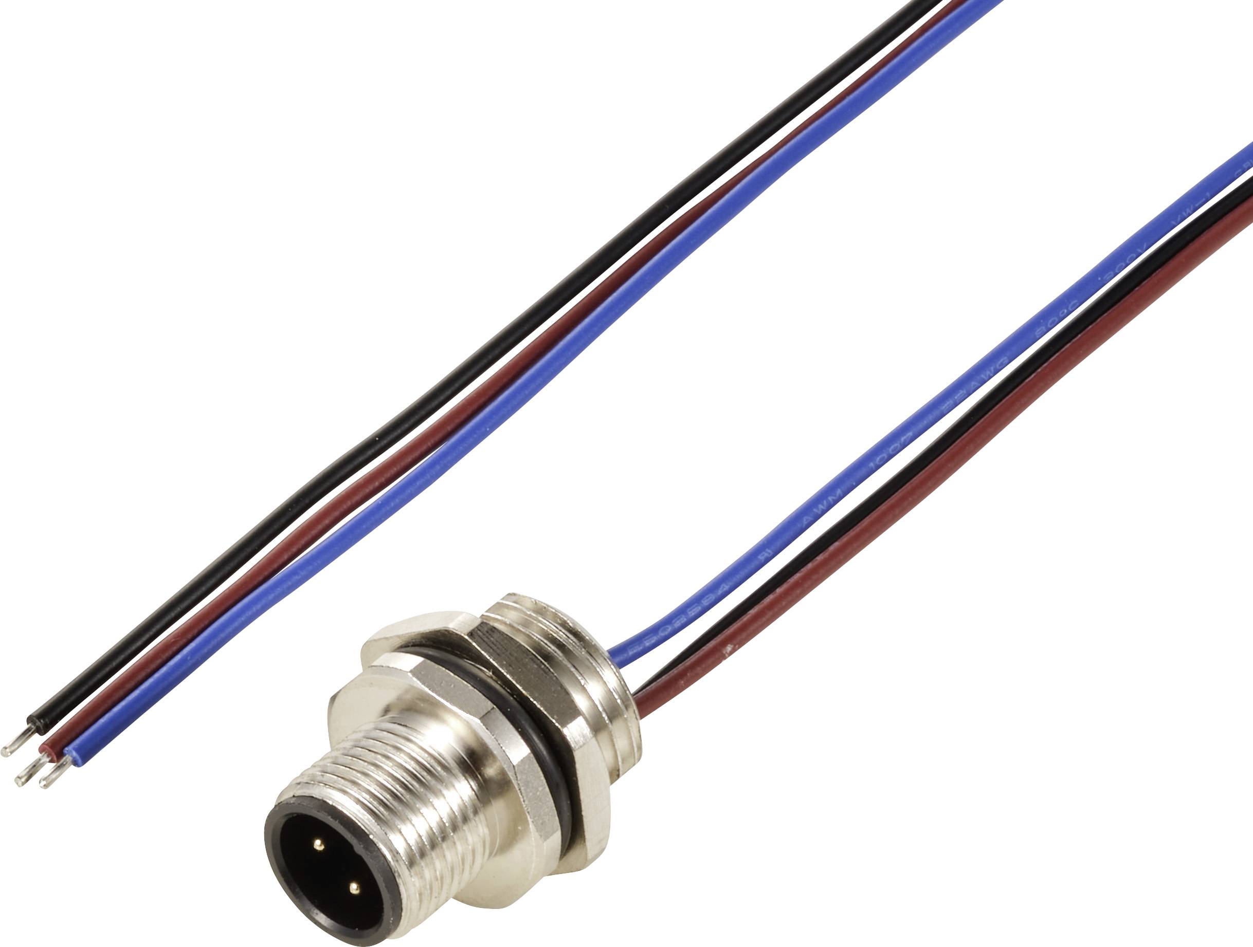 Ein Metallstecker mit drei hervorstehenden Drähten in den Farben Schwarz, Blau und Rot. Der Stecker hat ein Schraubgewinde.