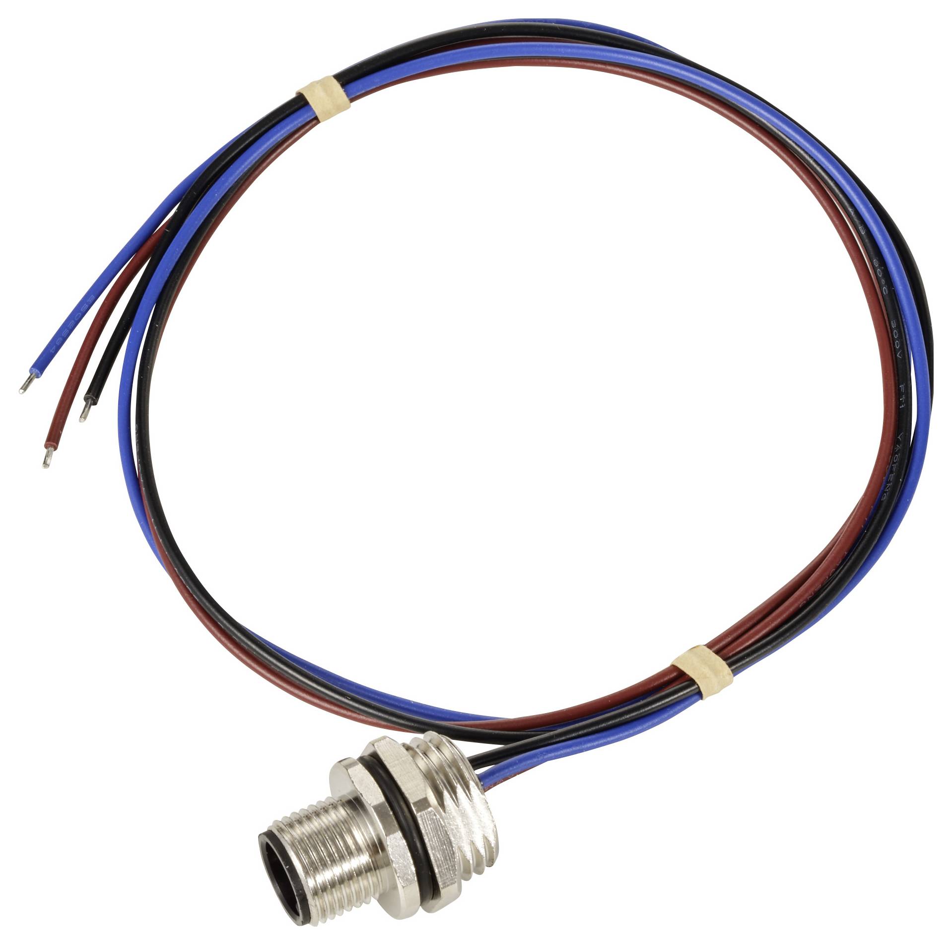 Metall-Stecker mit Kabeln in Rot, Blau und Schwarz. Kabel sind mit zwei Kabelbindern fixiert.