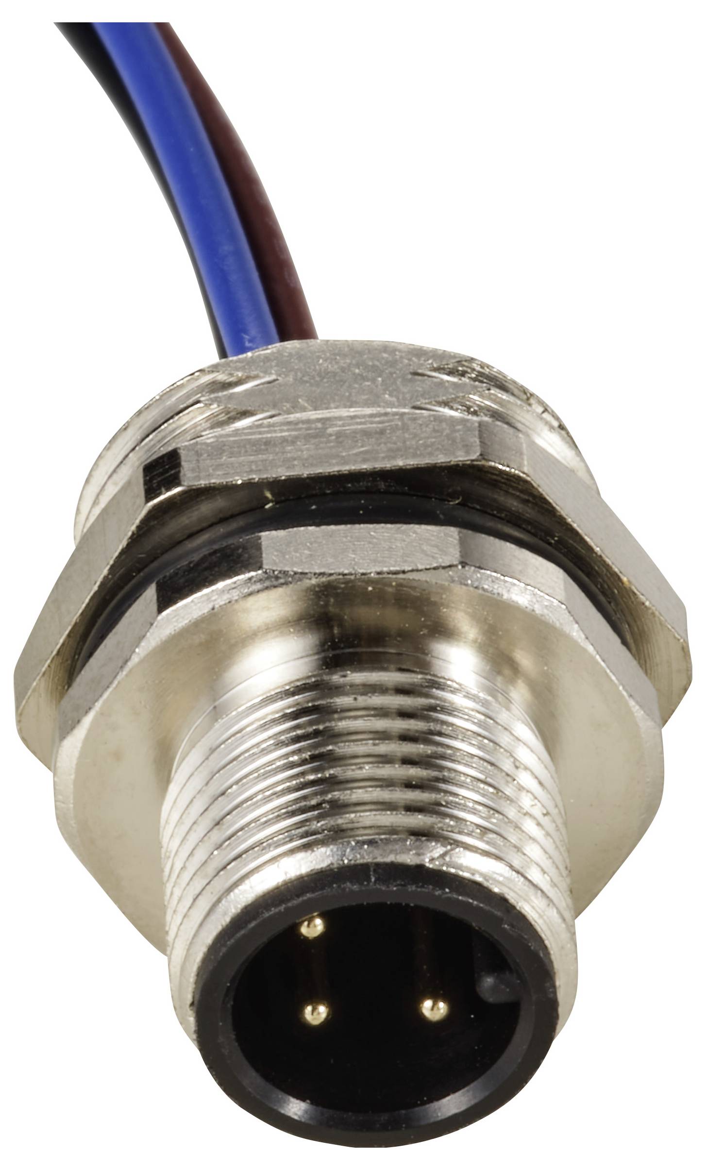 Metallischer Stecker mit drei goldenen Pins, verbunden mit blauen und braunen Kabeln. Geeignet für industrielle Anwendungen.