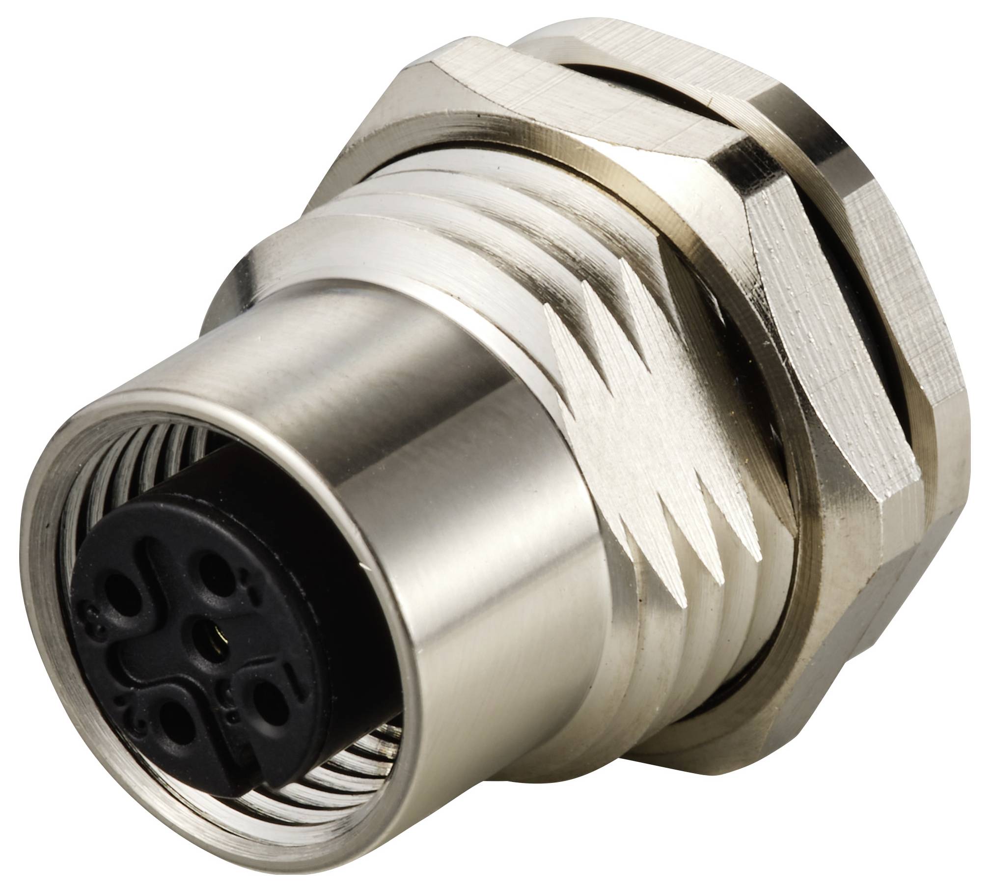 Metallischer Steckverbinder mit mehreren runden Anschlussöffnungen an der Vorderseite, geeignet für industrielle Anwendungen.