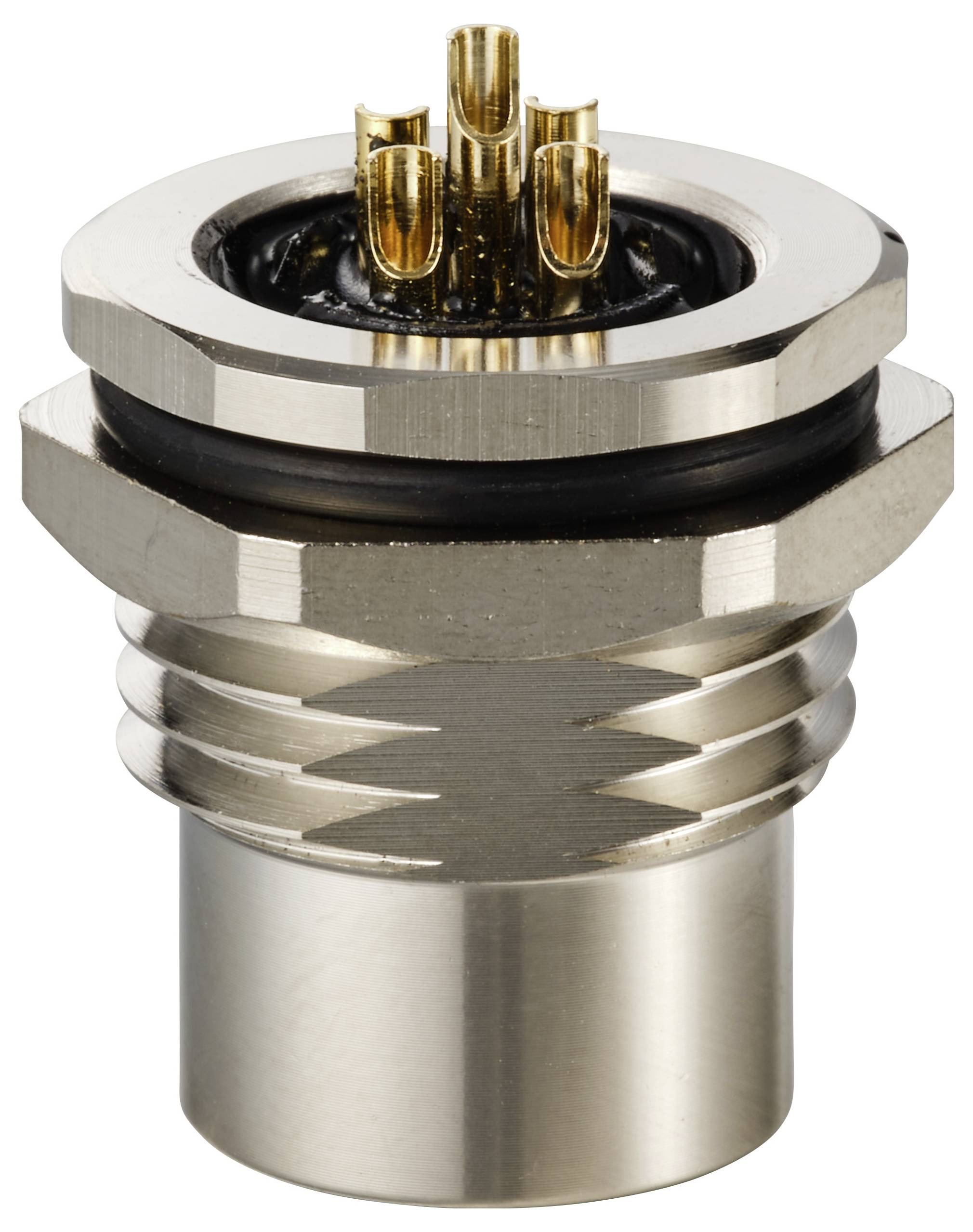 Elektrischer Steckverbinder mit metallischem Gehäuse und mehreren goldfarbenen Stiften, geeignet für industrielle Anwendungen.