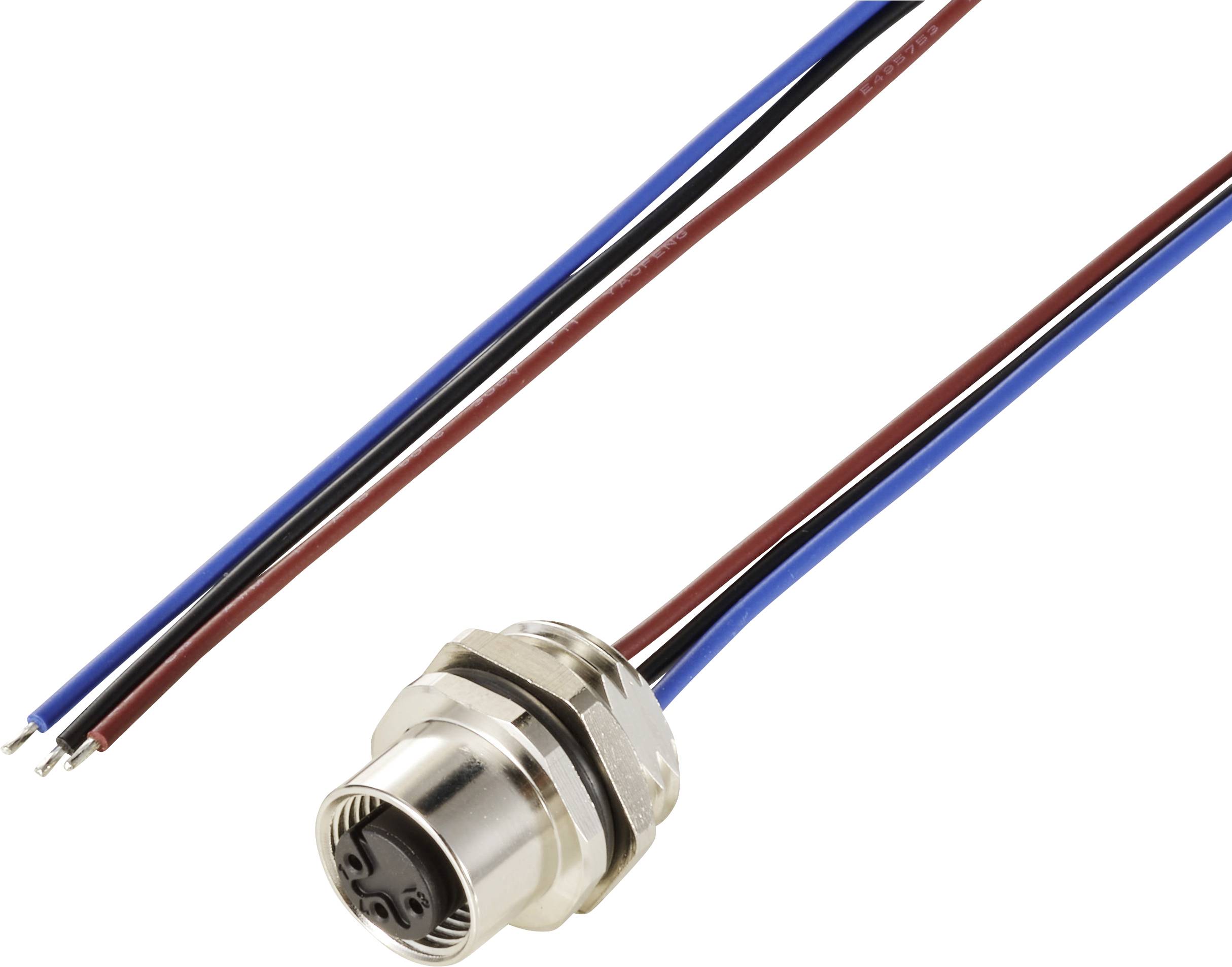 Metallischer Steckverbinder mit fünf Anschlusspins und farbkodierten Kabeln (schwarz, blau, rot). Geeignet für elektronische Verbindungen.