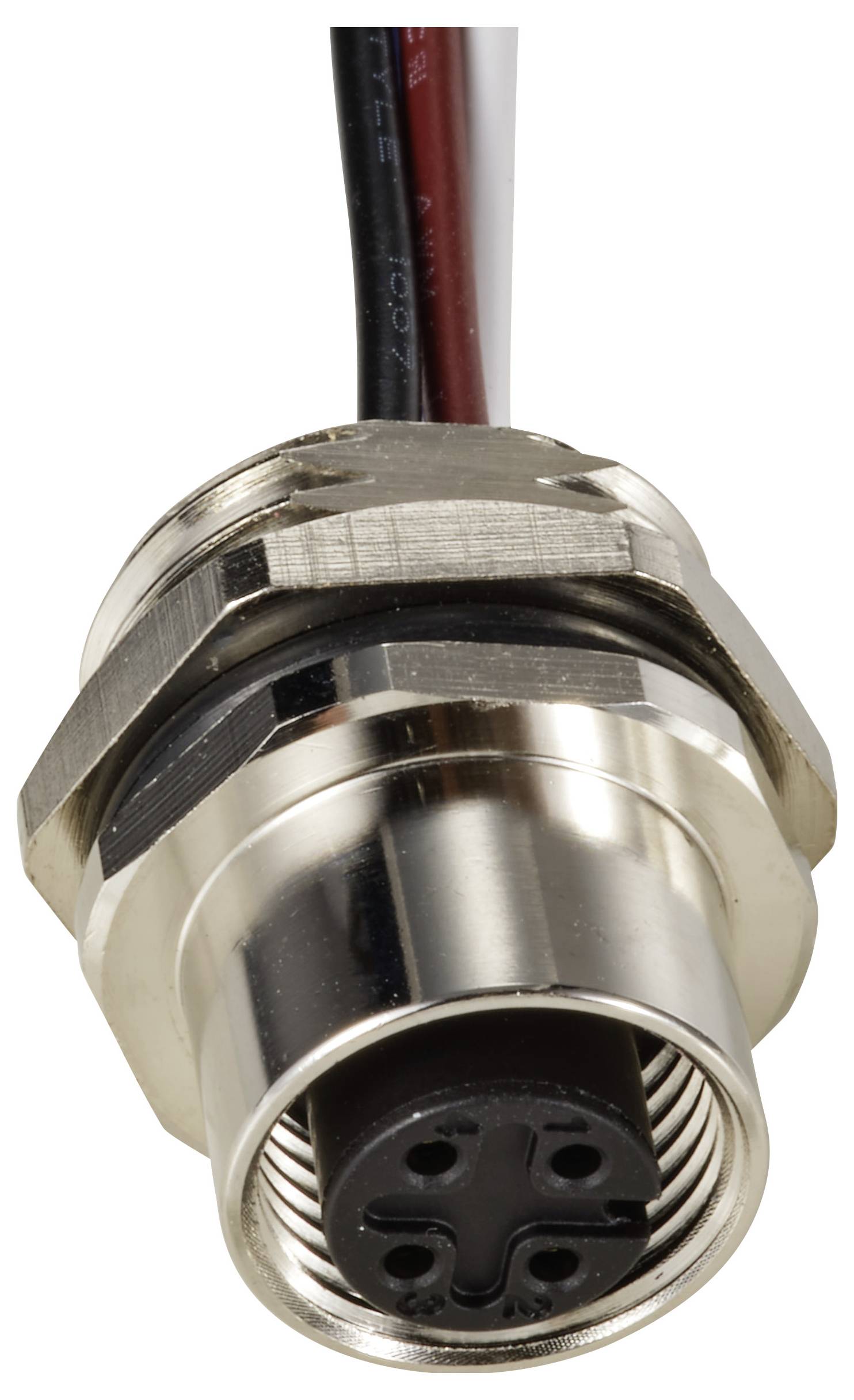 Ein Metall-Steckverbinder mit mehreren Pins und Kabeln, geeignet für elektrische Verbindungen.