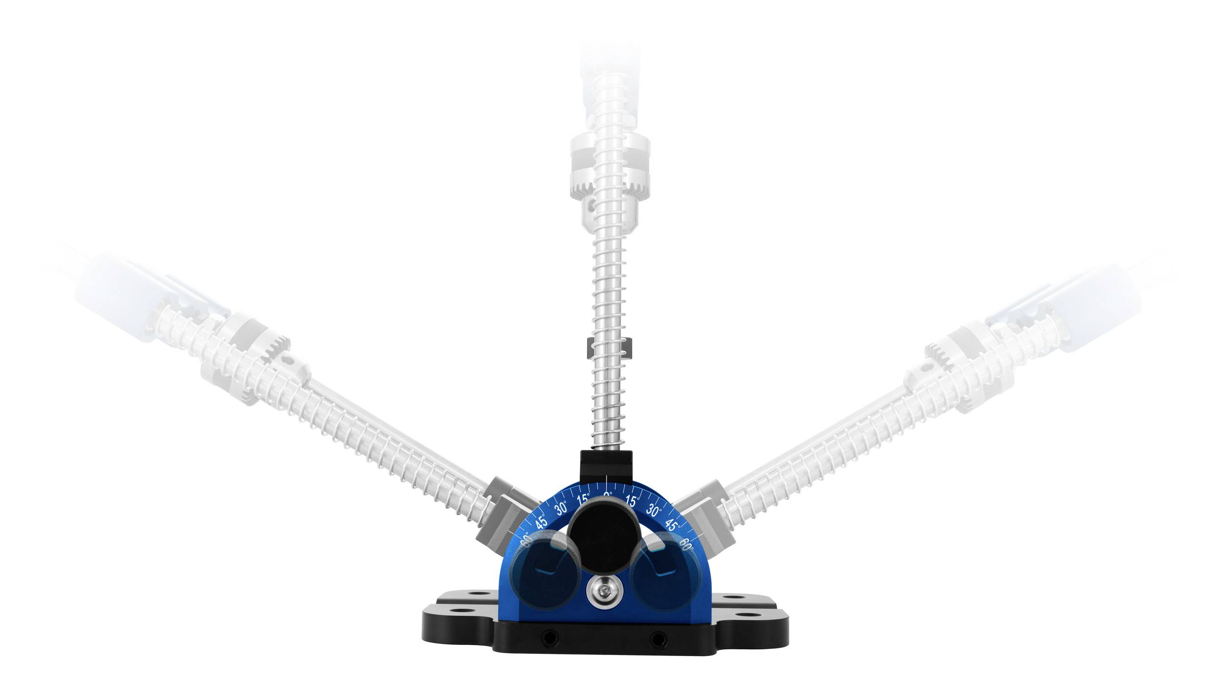 Ein blauer Drehknopf in der Mitte steuert die Winkel eines mechanischen Gelenks, das in verschiedene Positionen schwenken kann.