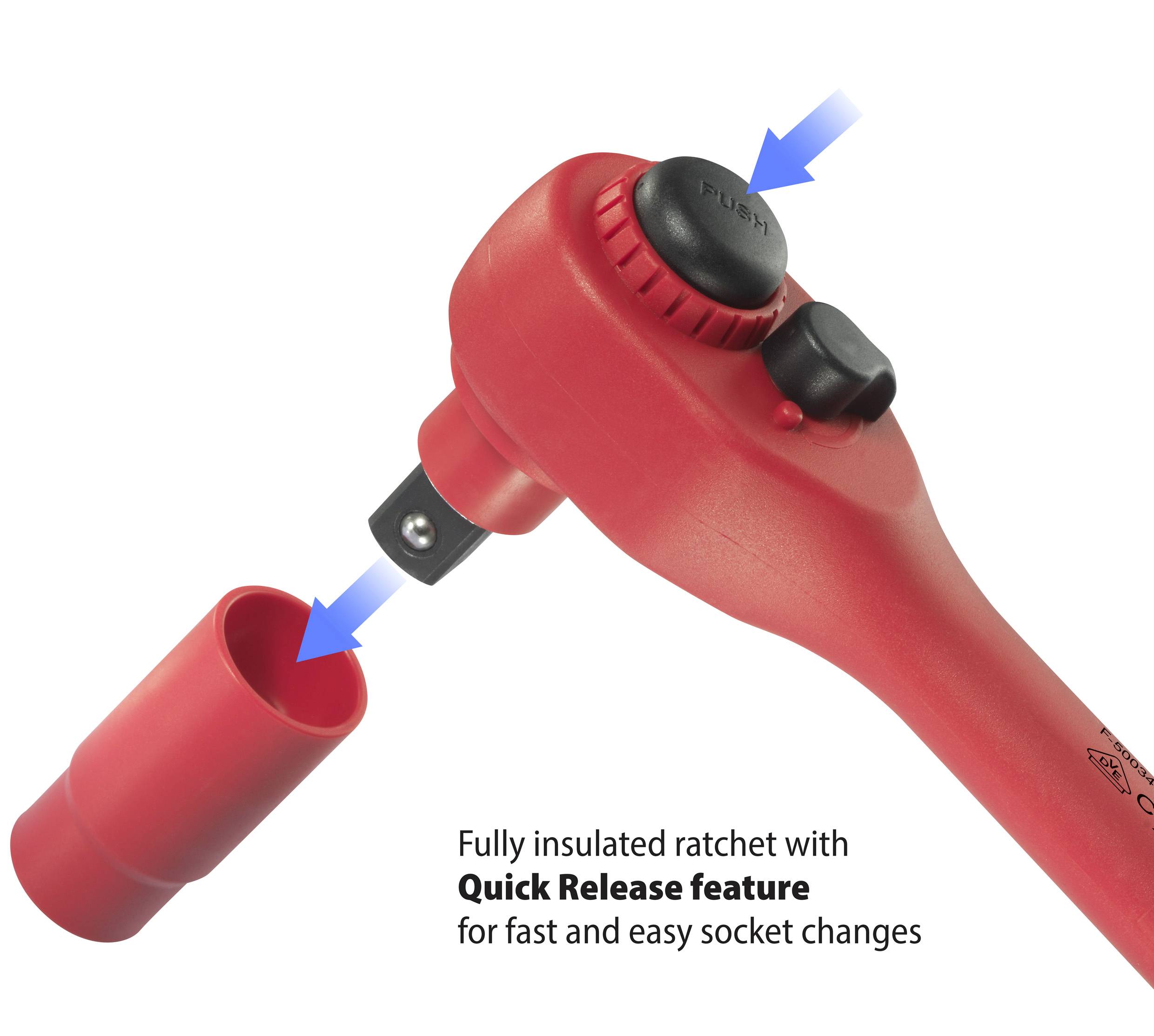 Ratsche mit vollständiger Isolierung und 'Quick Release'-Funktion für schnellen und einfachen Wechsel der Stecknüsse.