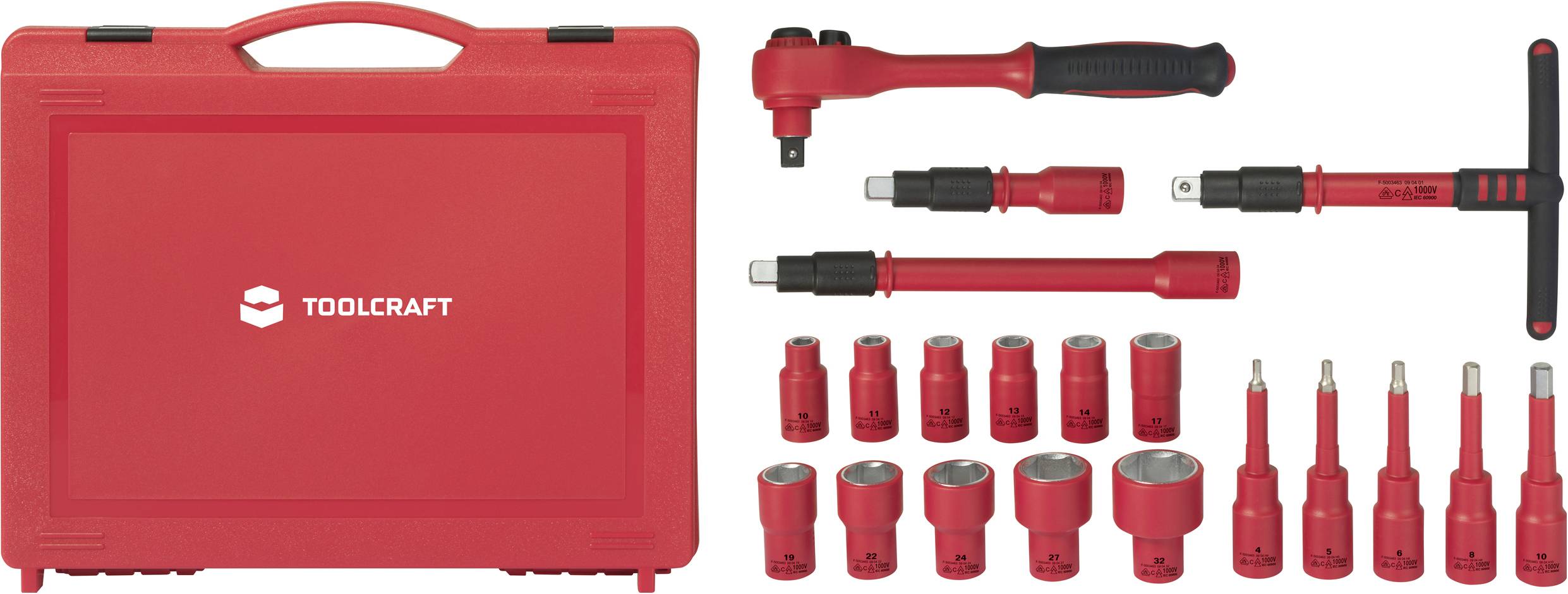 Roter TOOLCRAFT-Werkzeugkoffer mit Ratsche, Verlängerungen und verschiedenen Steckschlüsselbits, angeordnet auf weißem Hintergrund.