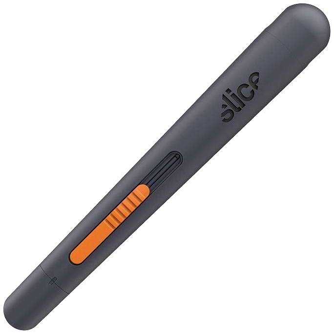 Ein schwarzer, zylinderförmiger Stift mit einem orangefarbenen Schieberegler, markiert mit 'slice'.