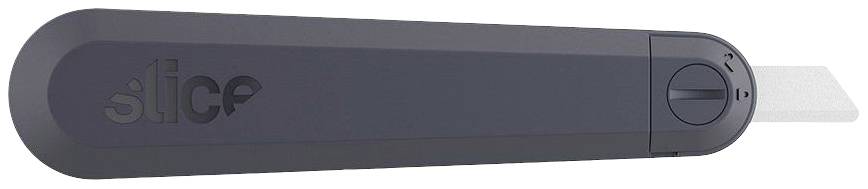 Ein schwarzes Sicherheitsmesser mit einem weißen Keramikblatt und einer Verriegelungstaste rechts. Es zeigt das Logo 'slice'.