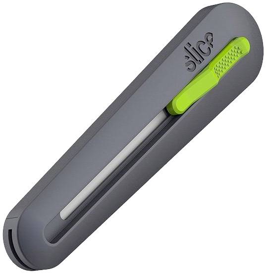 Grauer, ergonomisch gestalteter Sicherheitskapselschneider mit grünem Griff und Aufschrift 'slice'. Ideal für präzises Schneiden.