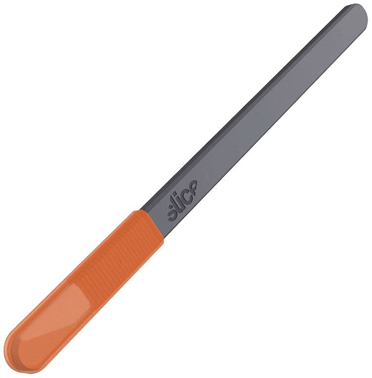 Ein graues Messer mit einer langen Klinge und einem orangenen Griff, auf dem 'slice' steht.