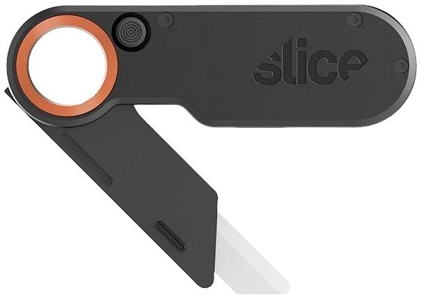 Ein schwarzes Klappmesser mit orangefarbenem Kreisgriff und der Aufschrift 'slice' auf der Klinge.