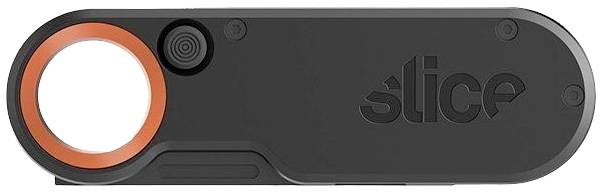 Schwarzes rechteckiges Gerät mit einem orange umrandeten, runden Ausschnitt und dem Logo 'slice' darauf.