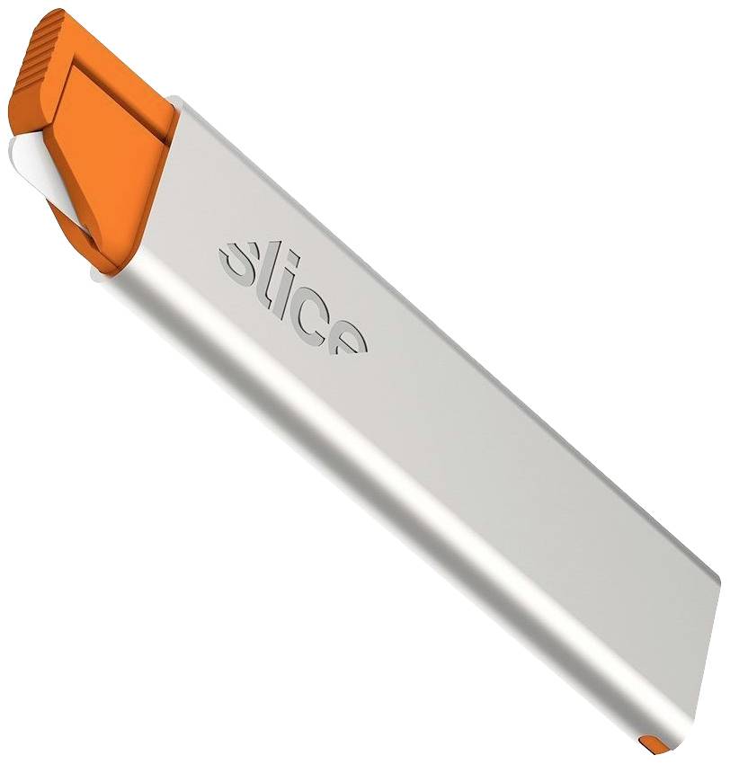 Ein silbernes Schneidewerkzeug mit orangenem Schieberegler.