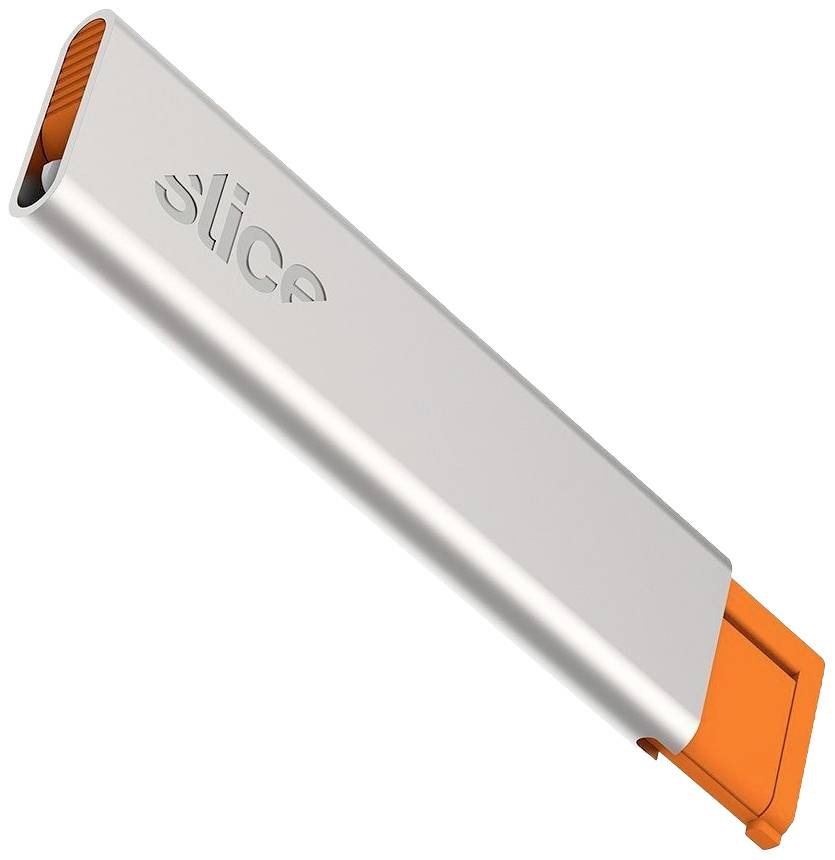 Ein graues Sicherheitsmesser mit oranger Klingenschutzhülle, das für präzises Schneiden und sichere Aufbewahrung von Klingen konzipiert ist.
