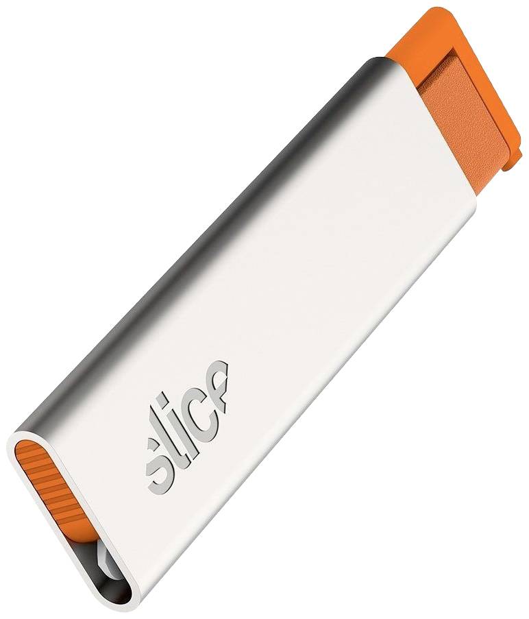 Metallischer Sicherheitsmesser mit orange-farbener Klinge und 'Slice'-Logo auf der Seite.