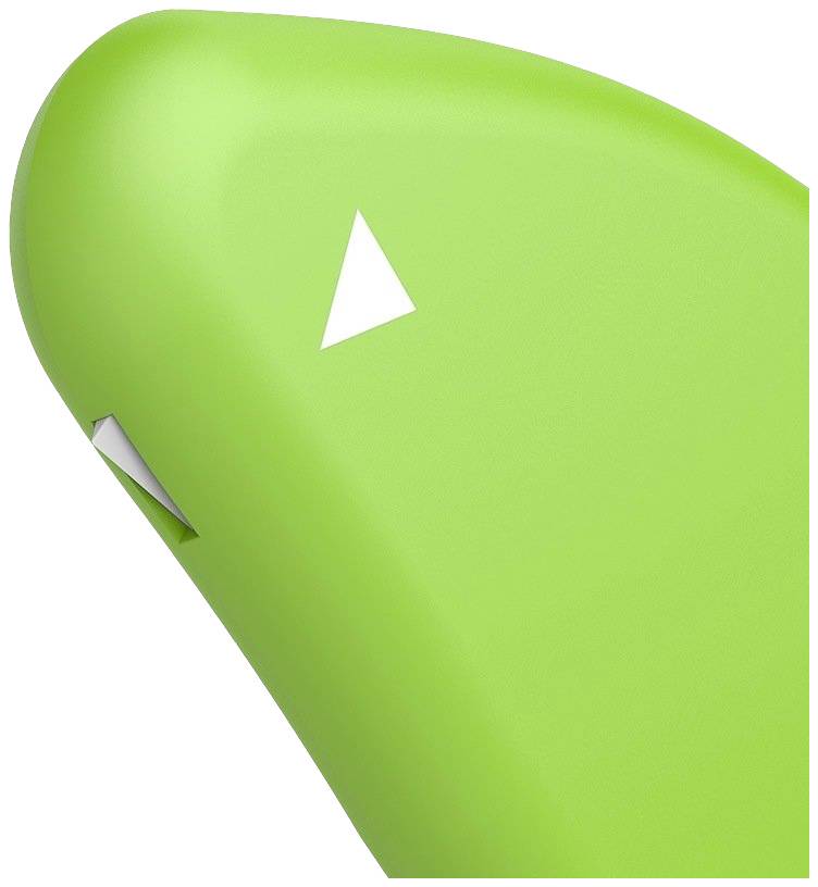 Ein grüner, ergonomisch geformter Stuhl mit klaren Linien und einem modernen Design, das zwei kleine, weiße Dreiecke als Akzente aufweist.