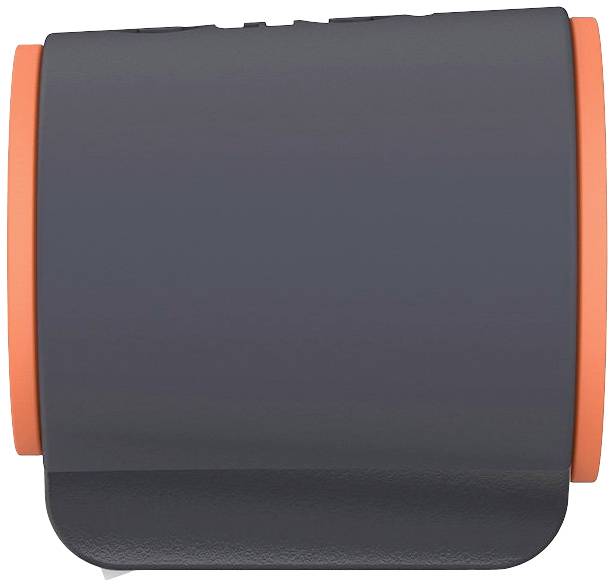 Grauer zylindrischer Gegenstand mit orangen Enden auf weißem Hintergrund.