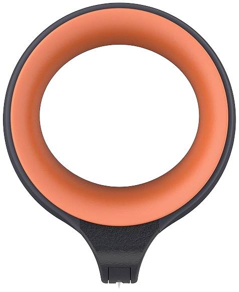 Rundes, orangefarbenes Gerät mit einem Griff unten. Hauptsächlich kreisförmig mit einem farblich abgesetzten Rand.