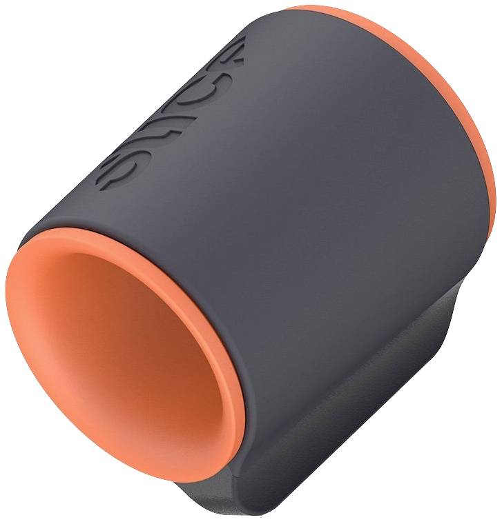 Ein schwarzer, zylinderförmiger Gegenstand mit orangen Innenrändern. Möglicherweise ein Schutz- oder Halterungszubehör.