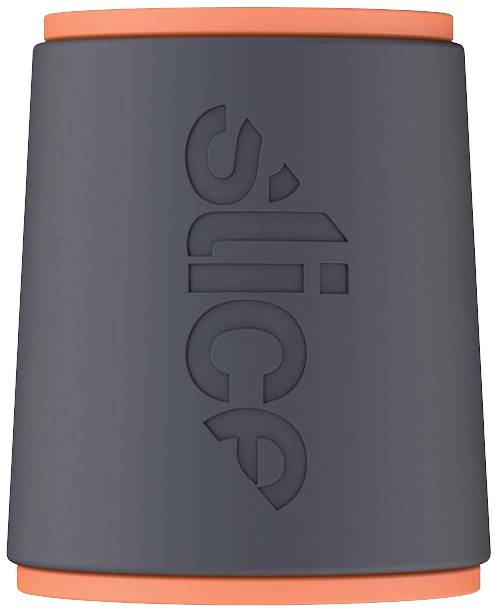 Ein dunkelgrauer Behälter mit orangenem Rand, auf dem das Wort 'slice' eingeprägt ist.