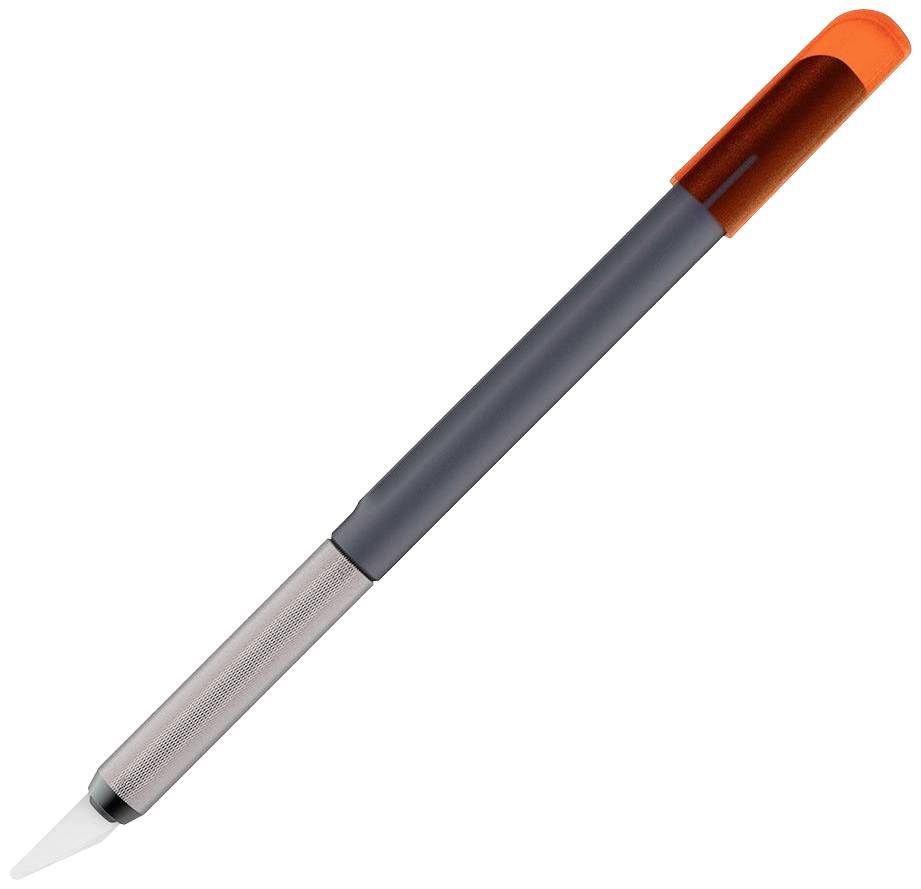 Ein grauer Stift mit orangefarbener Kappe und einer feinen, weißen Spitze, wird diagonal von unten links nach oben rechts im Bild gezeigt.