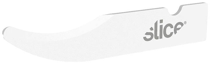 Schneideklinge aus weißem Keramikmaterial, gebogenes Design, mit der Aufschrift 'Slice' an der Seite.