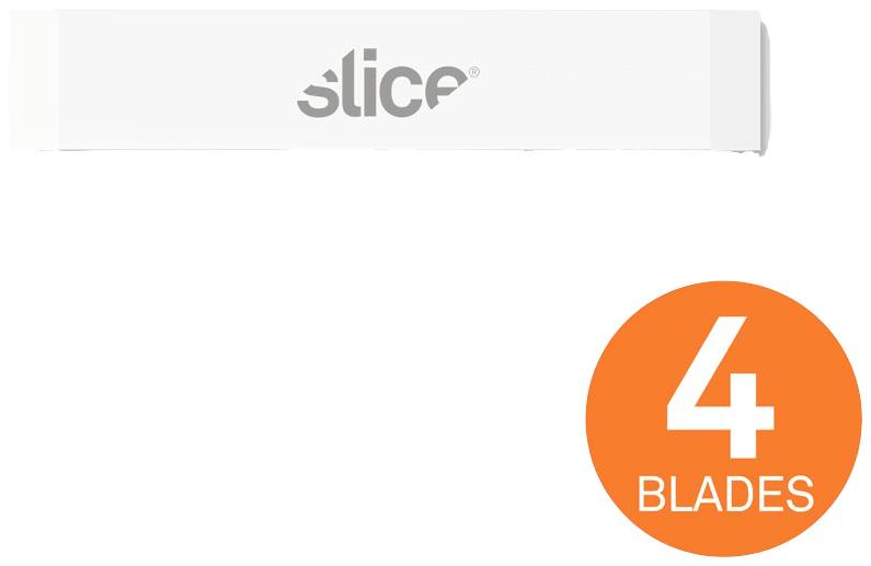 Eine Verpackung mit der Aufschrift 'slice' und daneben ein orangefarbener Kreis mit der Zahl '4' und dem Wort 'Blades'.
