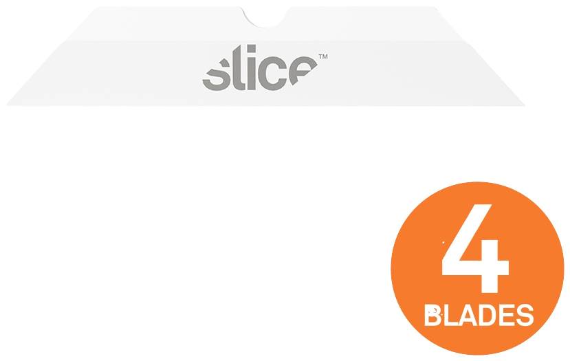 Die Abbildung zeigt vier Ersatzklingen von Slice. Oben das Wort 'Slice', unten rechts ein orangefarbener Kreis mit der Aufschrift '4 Blades'.