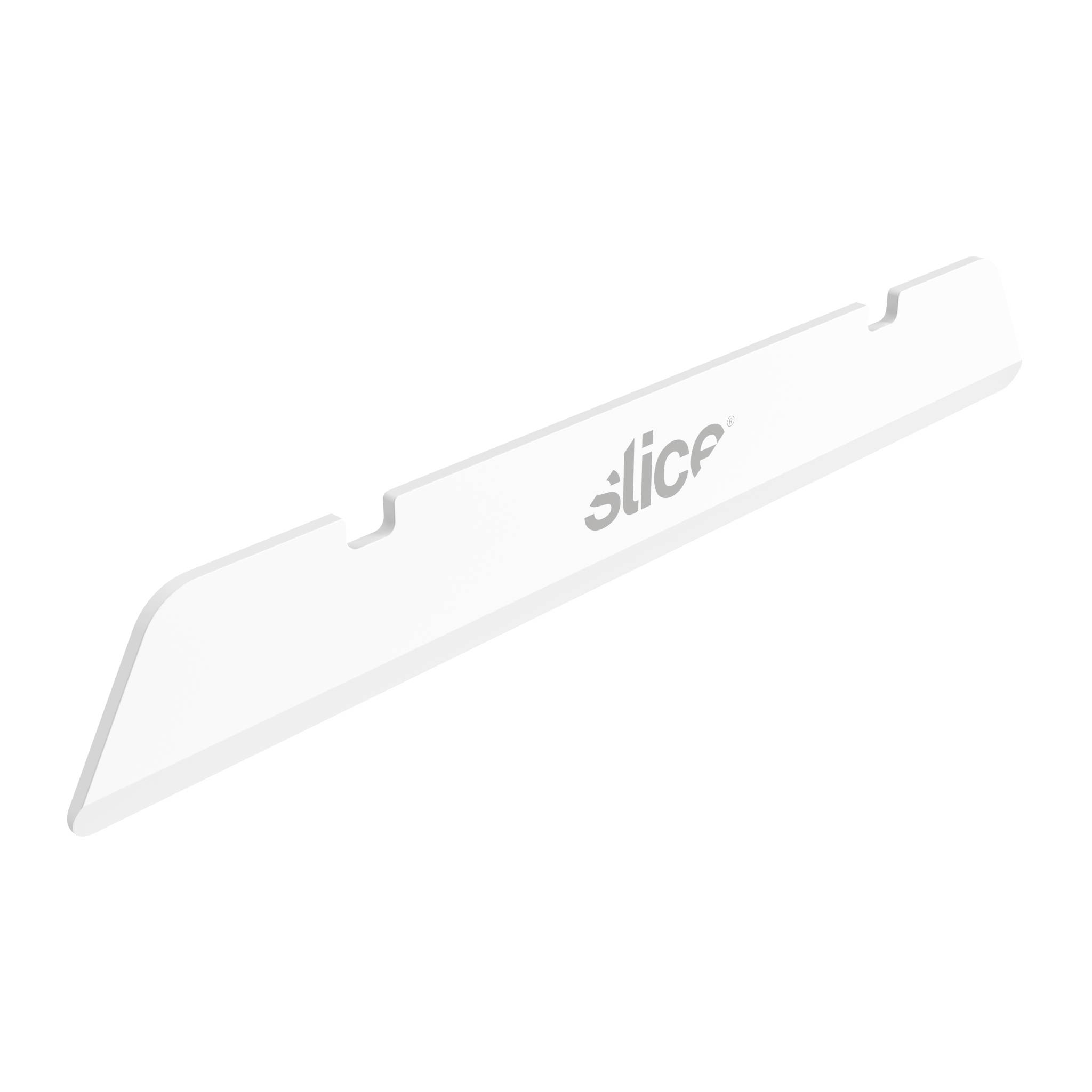 Ein weißer keramischer Klingenaufsatz mit dem Markennamen 'slice'.