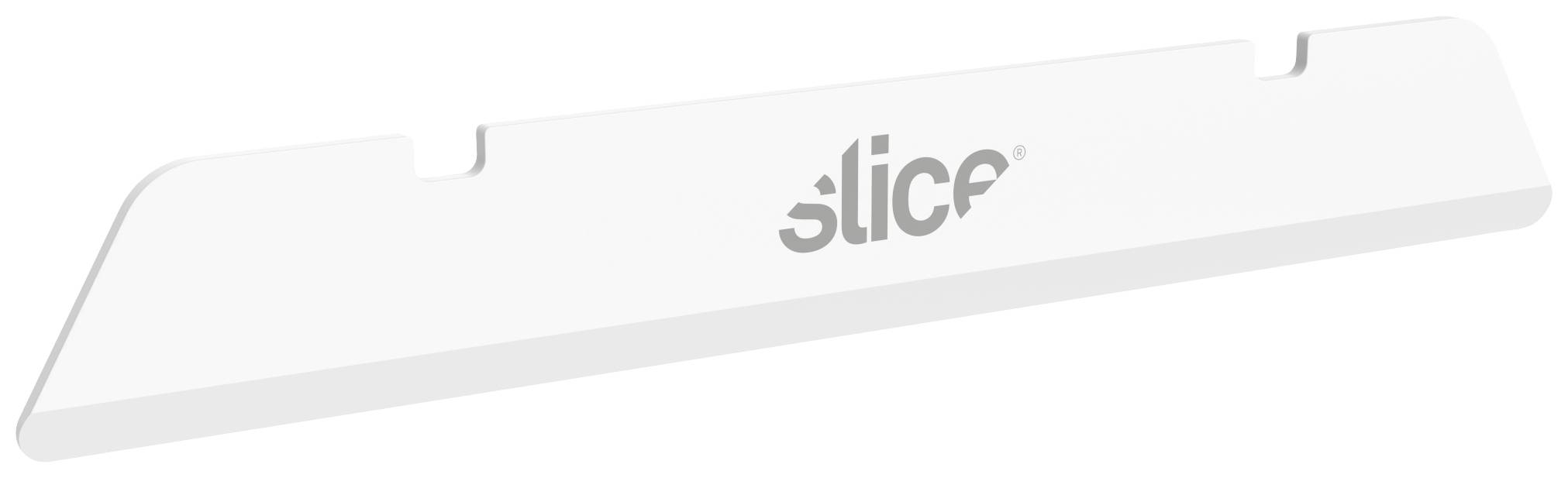 Ein weißer Plastiktrapez mit abgerundeten Ecken und der Aufschrift 'slice'.