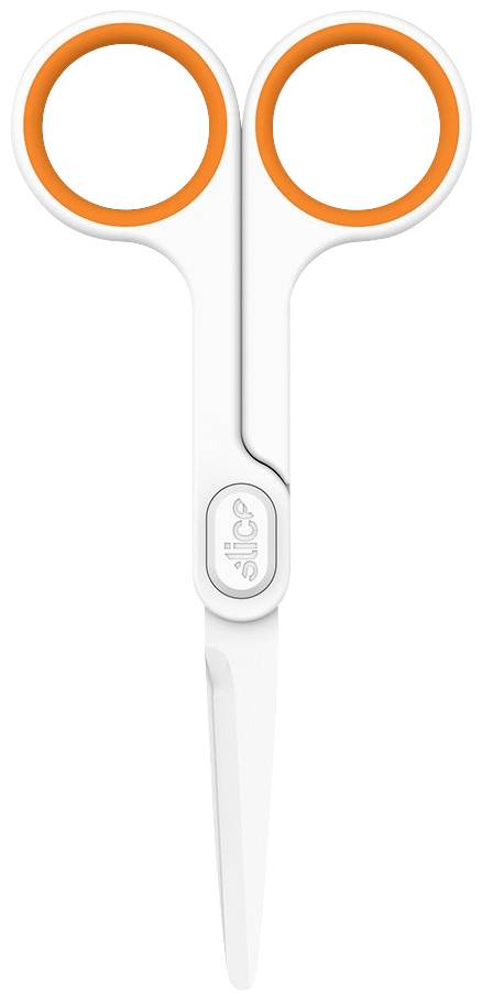 Eine weiße Schere mit orangenen Griffen, vertikal mit den Spitzen nach unten dargestellt.