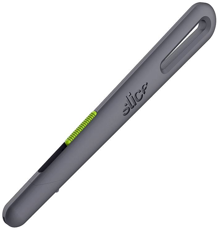 Ein grauer Stift mit schmalem, modernem Design und grüner Schiebefunktion.