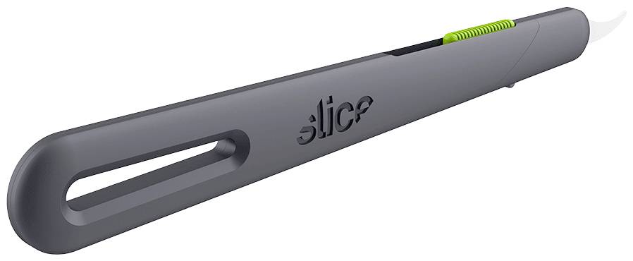 Ein grauer Schiebecutter mit einem grünen Schiebemechanismus von 'slice'.