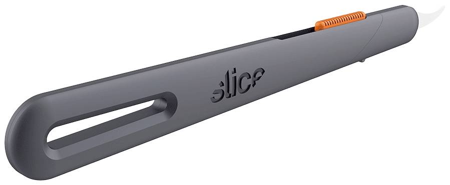 Dunkles Sicherheitsmesser mit schlanker, ergonomischer Form und orangefarbenem Schieber für Klingenposition. Markenname auf der Seite.