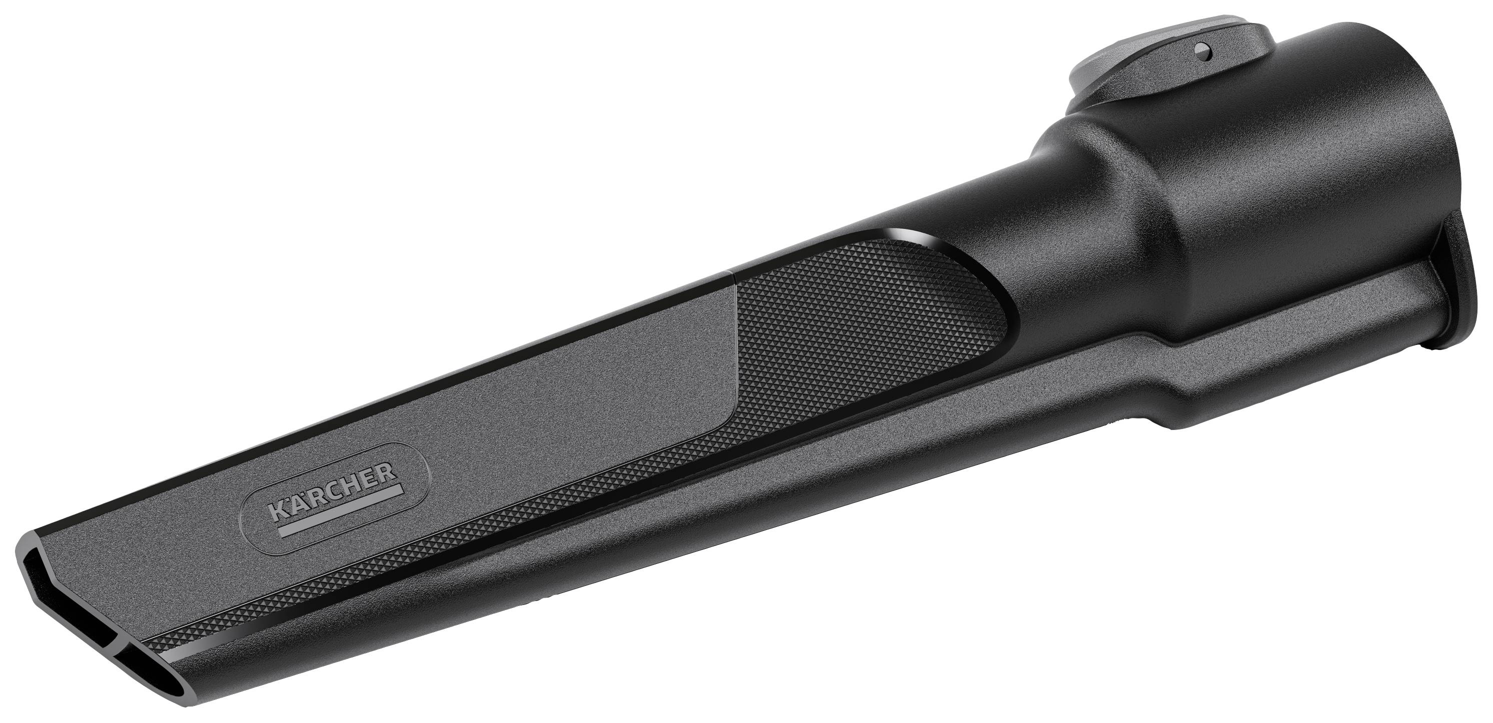 Eine schwarze Düsenspitze passend für Staubsauger, mit einem ergonomischen Griff und einem flachen, schmalen Ende für präzise Reinigung.