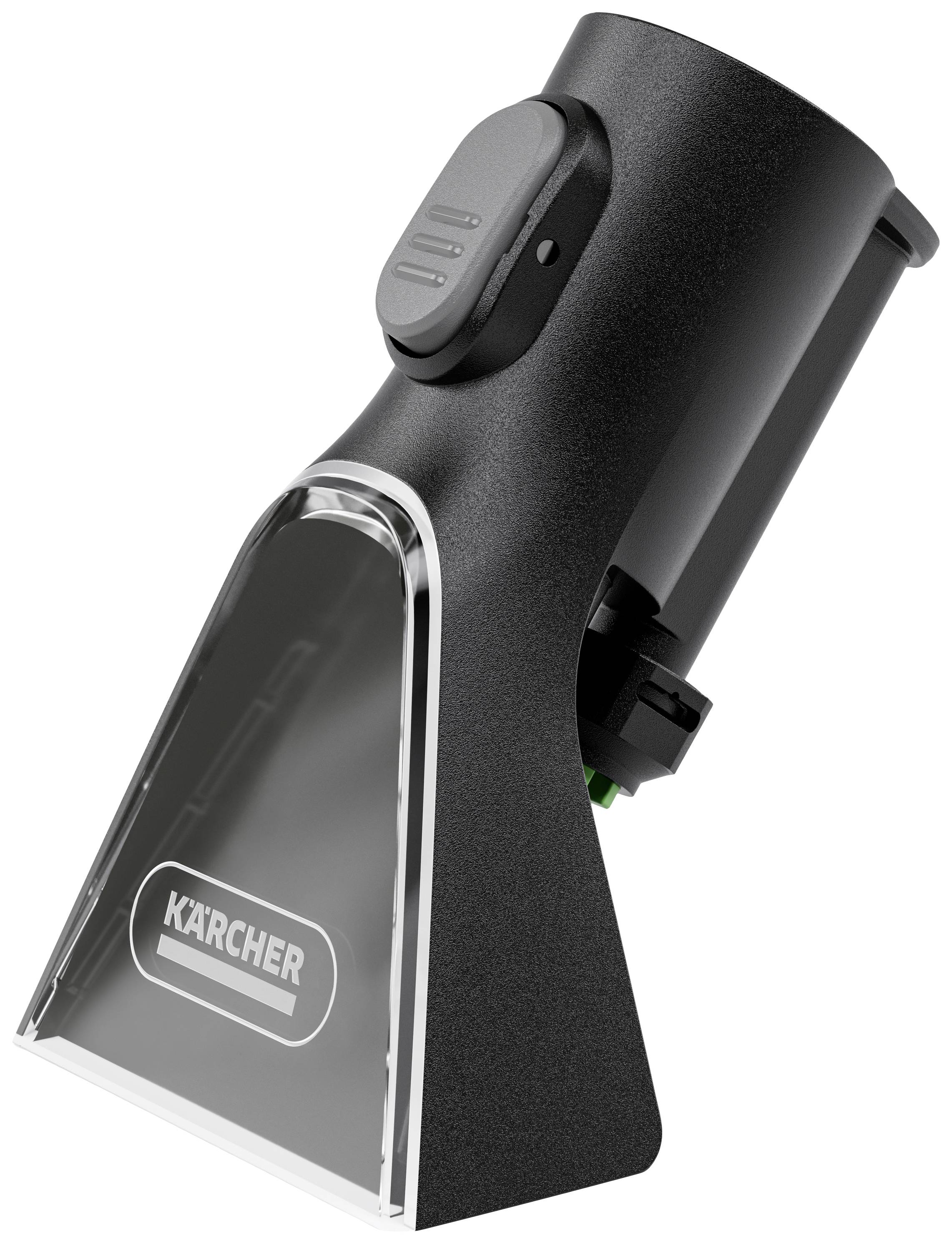 Ein schwarzes Reinigungszubehör von Kärcher, vermutlich ein Aufsatz für Staubsauger, mit transparentem Kunststoffteil zur Schmutzaufnahme.