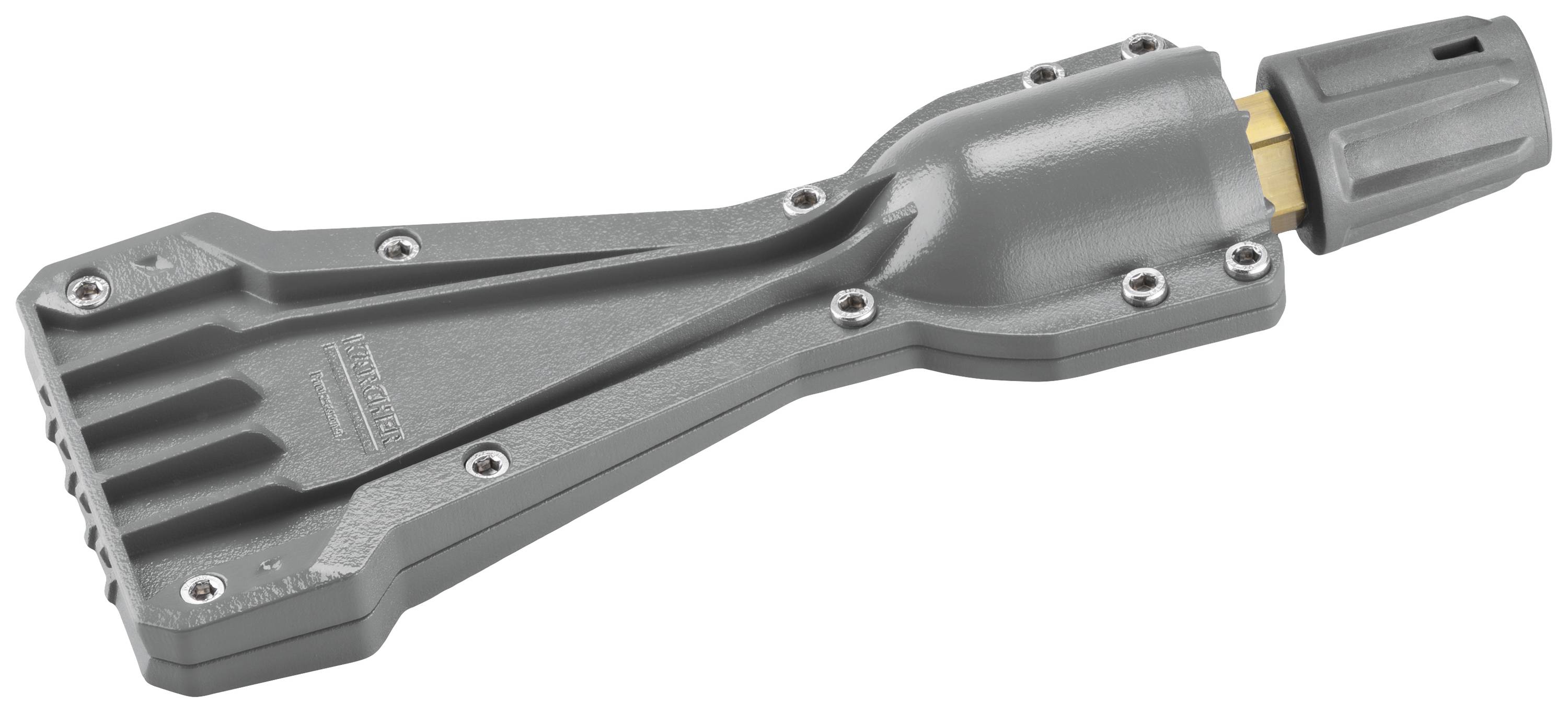 Graues, flaches Gerät mit mehreren Schrauben zur Befestigung. Runder Anschluss an einem Ende, möglicherweise für industrielle Nutzung.