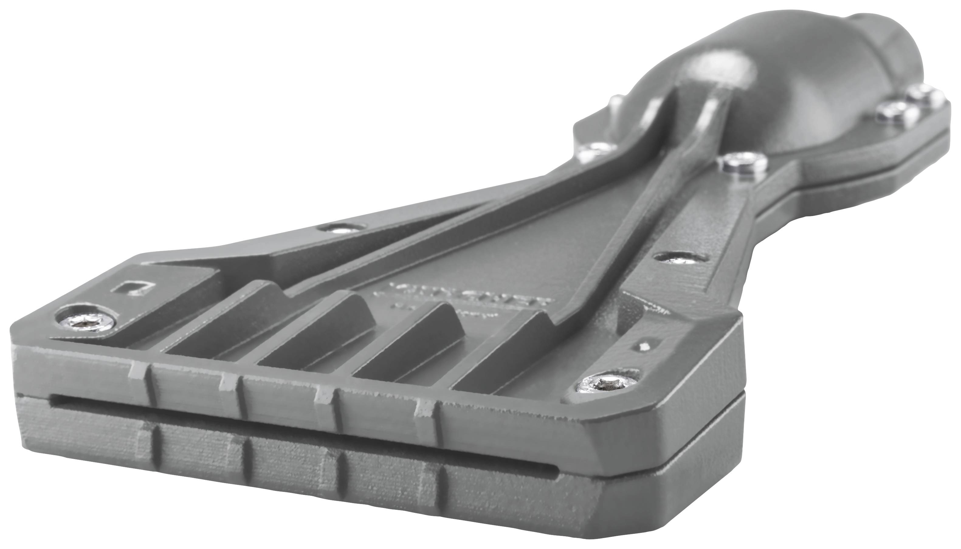 Grauer Kunststoffadapter mit Metallverstärkungen und Schraubmontagepunkten. Verwendet zur Verbindung von Kabeln an Maschinen.