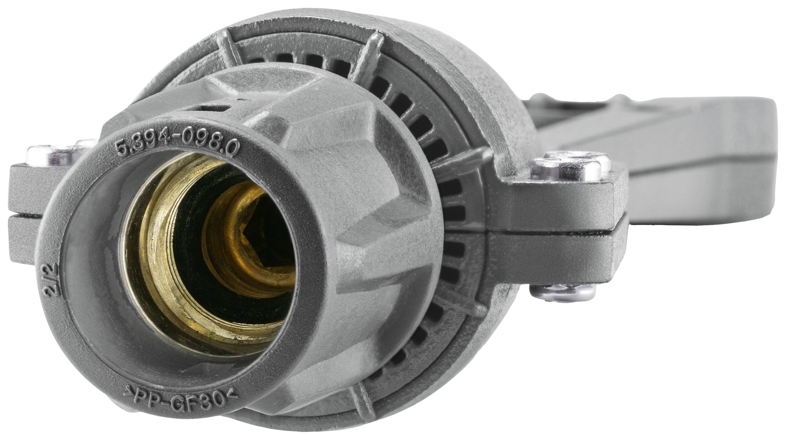 Graues Kunststoffteil mit Metalleinsatz und Aufschrift 'PP-GF30', möglicherweise ein industrielles Bauteil oder Adapter.